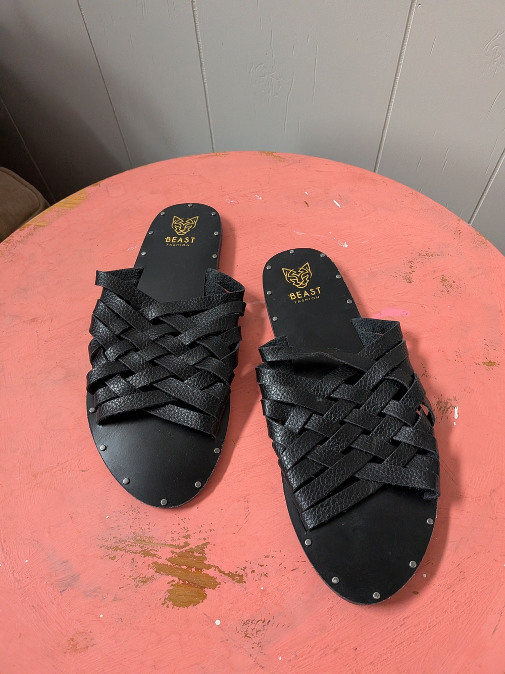 BEAST FASHION Black Woven Slide Sandals with Stud Trim